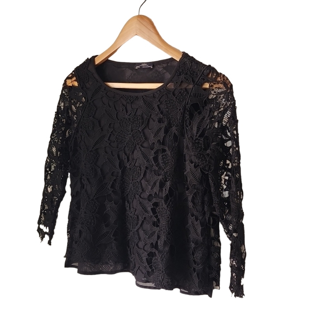 ZARA Black Crochet Lace Crop Top M Sheer Gothic Boho Punk Festival 3/4 Sleeve - Picture 9 of 15